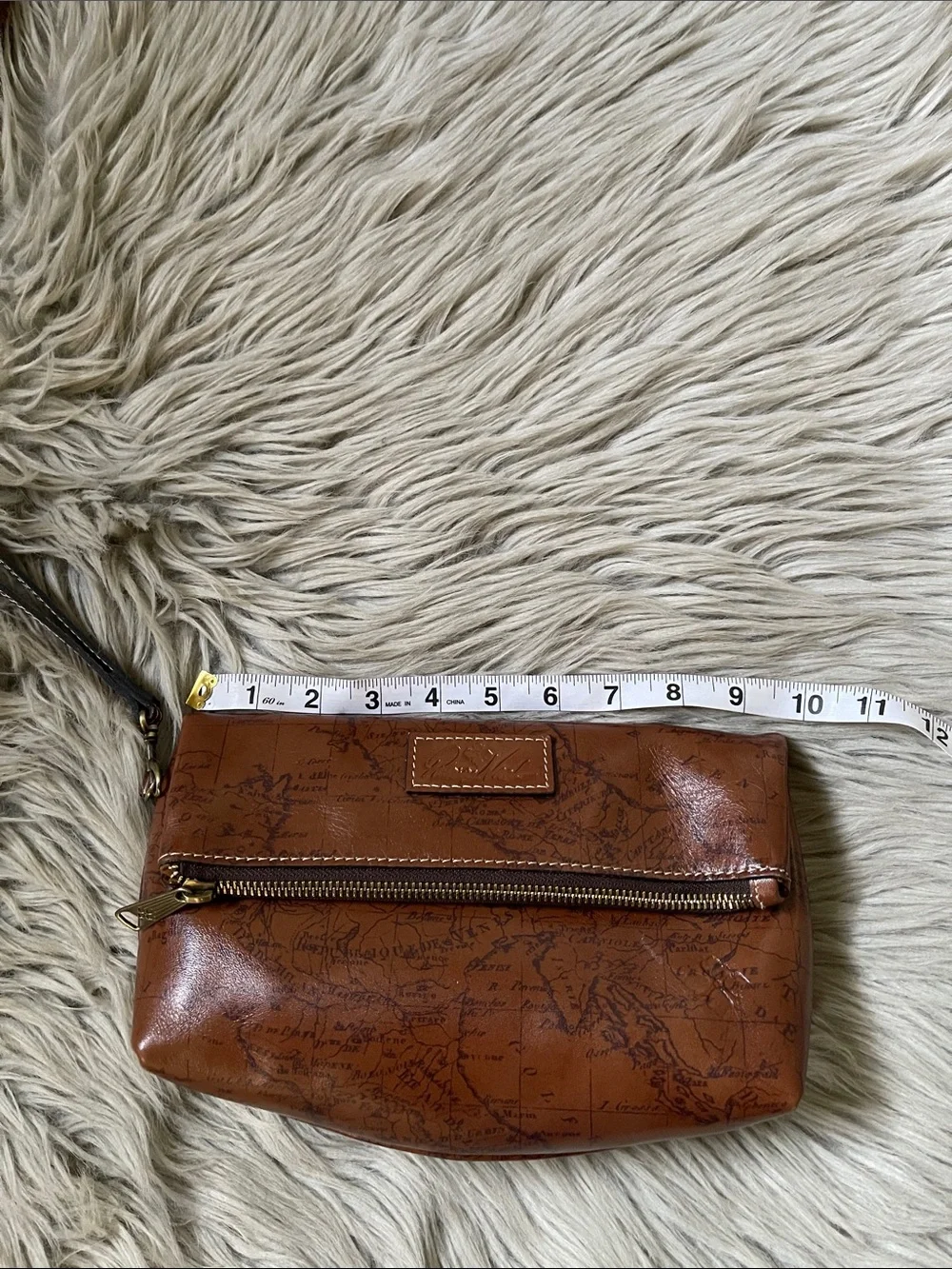 Patricia Nash Cognac Map-Print Leather Wristlet